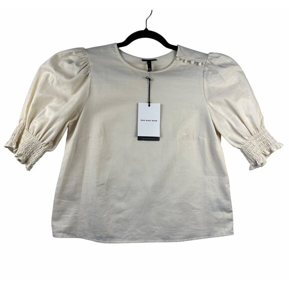 Who What Wear Womens Puff Sleeve Blouse Size XS Cream Coquette Feminine Top NWT - Picture 5 of 9